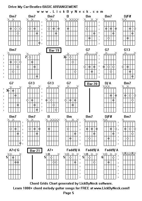 Chord Grids Chart of chord melody fingerstyle guitar song-Drive My Car-Beatles-BASIC ARRANGEMENT,generated by LickByNeck software.